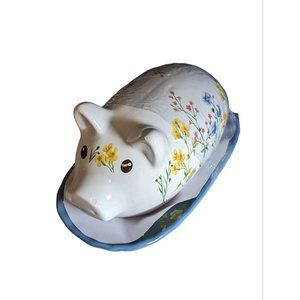 Modern Cottage Floral 2023 Pig Butter Dish Blue Floral Base Farmhouse  READ
